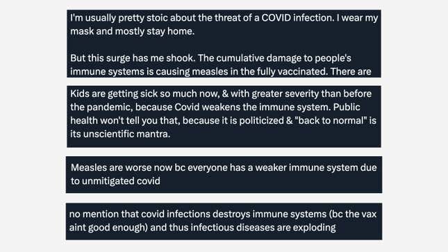 Some of the many social media comments speculated on a link between measles and covid-19.